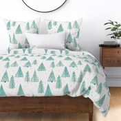 Teal Winter Christmas trees on Ivory with stars snowflakes and decorations - LARGE SCALE