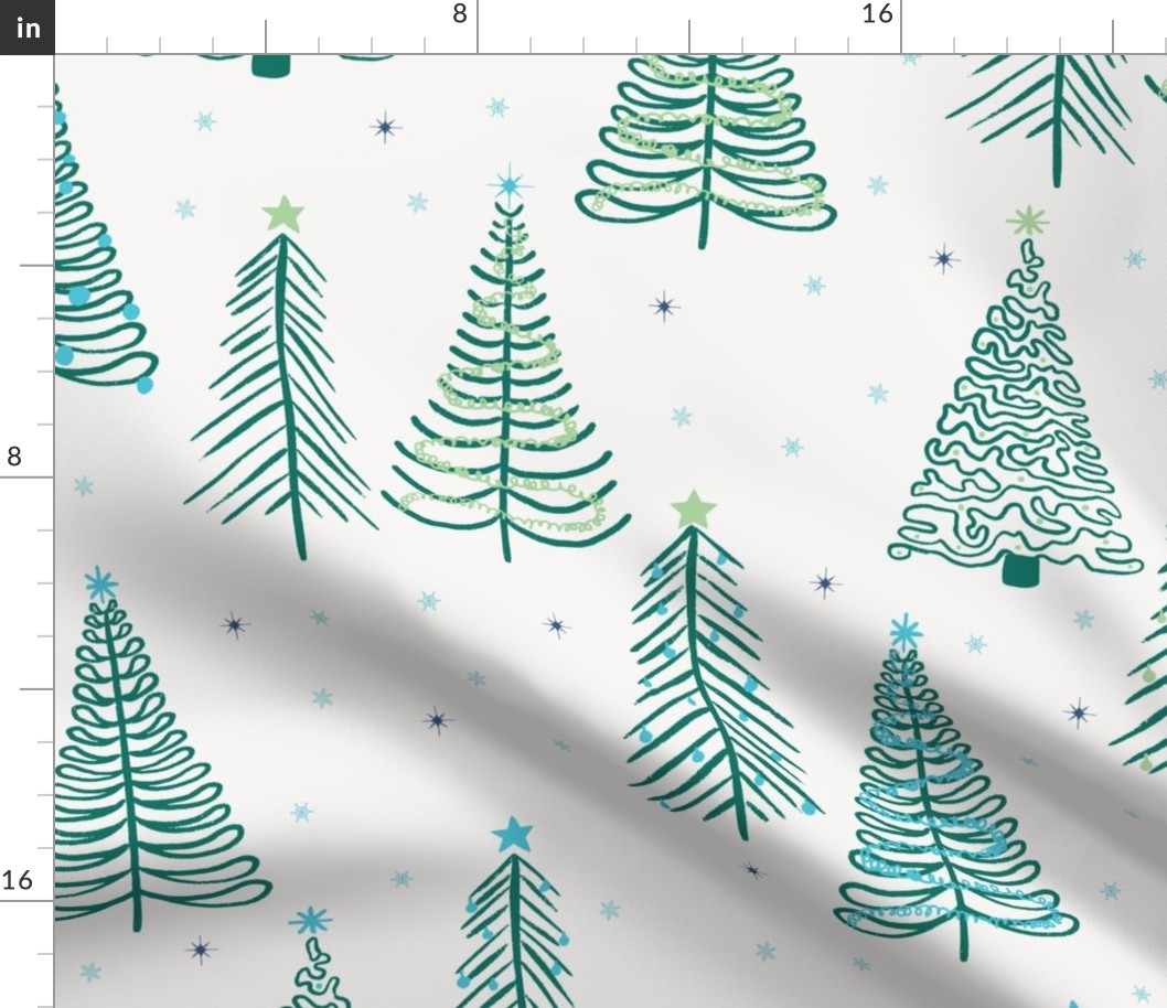 Teal Winter Christmas trees on Ivory with stars snowflakes and decorations - LARGE SCALE