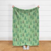 Green Winter Christmas trees on Green with stars snowflakes and decorations - LARGE SCALE