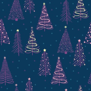 Purple Winter Christmas trees on Navy with stars snowflakes and decorations - LARGE SCALE