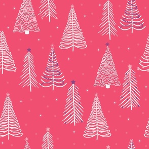 Large - White Winter Christmas trees on Pink with stars snowflakes and Purple decorations