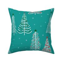 White Winter Christmas trees on Aqua Blue with stars snowflakes and decorations - LARGE SCALE
