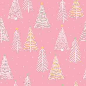 Large - White Winter Christmas trees on Pink with stars snowflakes and decorations