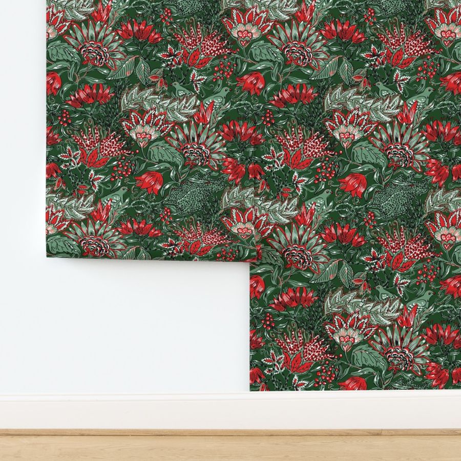 Christmas botanical chintz red green