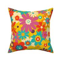 Retro Psychedelic Flowers - mustard, red and turquoise - fun retro pattern by Cecca Designs Large scale