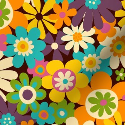 Retro Psychedelic Flowers - cream and aubergine - fun retro pattern by Cecca Designs medium Large scale