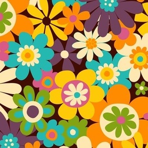 Retro Psychedelic Flowers - cream and aubergine - fun retro pattern by Cecca Designs medium Large scale