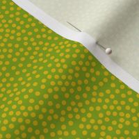 Ditsy Spots - mustard on green - small scale - fun retro pattern by Cecca Designs
