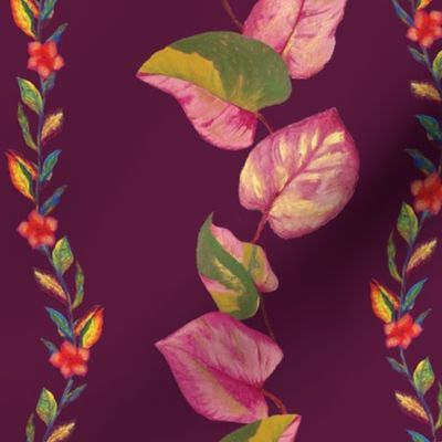 Dark Red Floral in Vintage Style with monstera leaves
