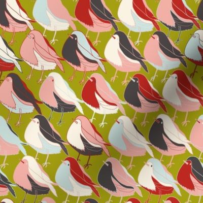 Retro Christmas Robins - Rose Pink/Olive Green/Red - 8 inch