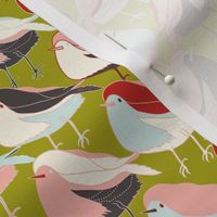 Retro Christmas Robins - Rose Pink/Olive Green/Red - 8 inch