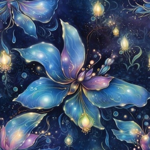 Magical Fantasy Blue and Purple Shimmering Fireflies and Dragonflies with Fairy Lights