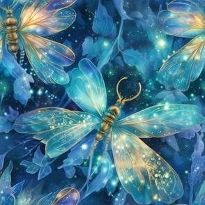 Magical Fantasy Aqua Shimmering Fireflies and Dragonflies with Fairy Lights