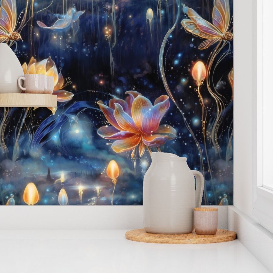 Magical Fantasy Glowing Flowers with Fireflies and Fairy Lights