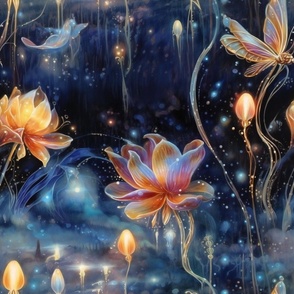 Magical Fantasy Glowing Flowers with Fireflies and Fairy Lights