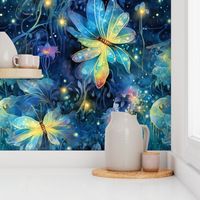 Magical Fantasy Rainbow Glowing Fireflies and Dragonflies with Flowers and Fairy Lights