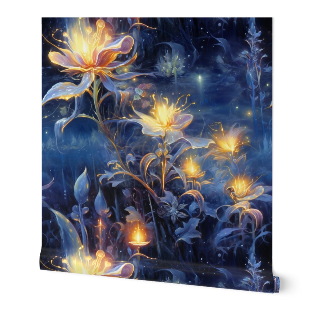 Magical Fantasy Glowing Golden Flowers with Tiny Fireflies
