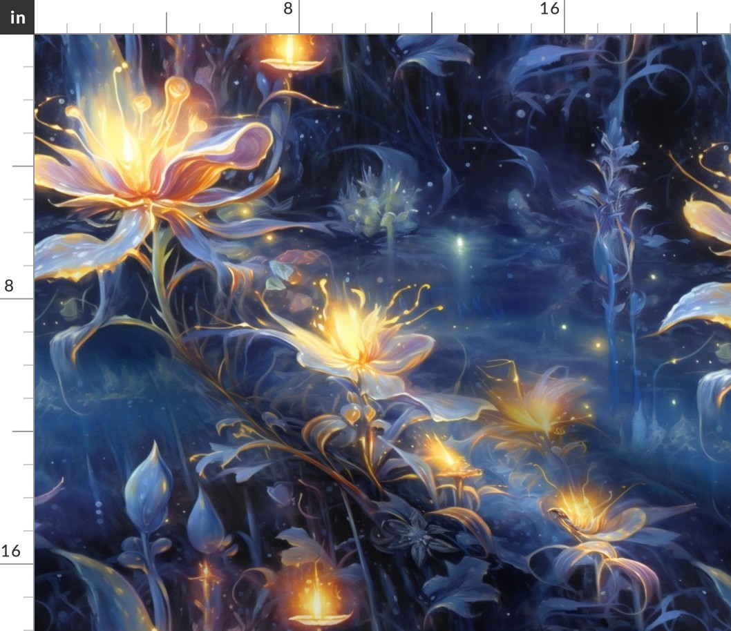 Magical Fantasy Glowing Golden Flowers with Tiny Fireflies