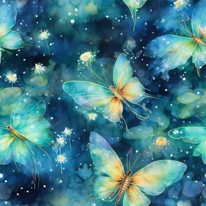 Magical Fantasy Shimmering Green Butterflies, Fireflies, and Dragonflies with Sparkles