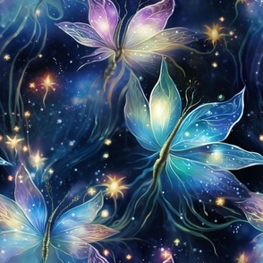 Magical Fantasy Pink and Blue Shimmering Fireflies and Dragonflies with Stars