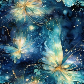 Magical Fantasy Yellow and Green Shimmering Fireflies and Dragonflies with Fairy Lights