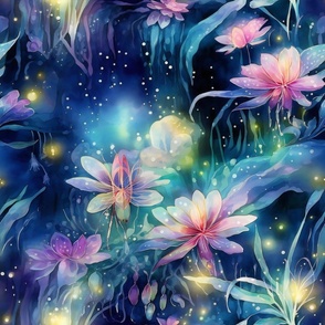 Magical Fantasy Sparkling Fairy Lights and Fireflies with Flowers