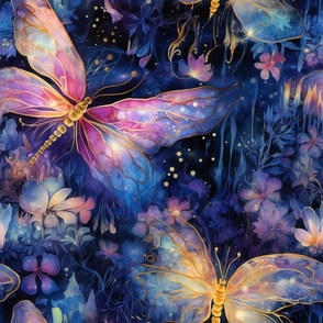Magical Fantasy Pink and Yellow Fireflies and Dragonflies with Flowers