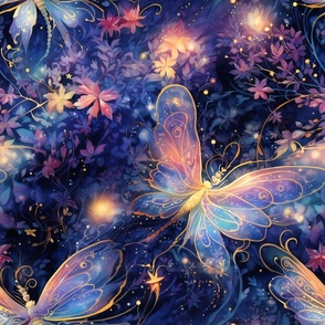 Magical Fantasy Purple Shimmering Fireflies and Dragonflies with Flowers
