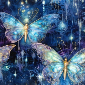 Magical Fantasy Glowing Blue  Butterflies with Fairy Lights and Stars