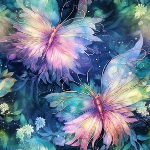 Magical Fantasy Ethereal Shimmering Rainbow Fireflies and Dragonflies with Flowers