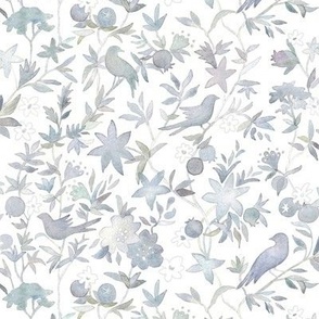 Forest Garden Watercolor Fabric and Wallpaper | Forest birds, blue-gray floral fabric, bird print fabric from original watercolor painting in calm, neutral grays.