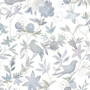 Forest Garden Watercolor Fabric and Wallpaper (medium scale) | Forest birds, blue-gray floral fabric, bird print fabric from original watercolor painting in calm, neutral grays.