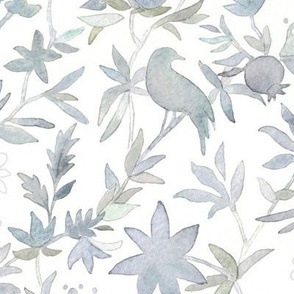 Forest Garden Watercolor Fabric and Wallpaper (large scale) | Forest birds, blue-gray floral fabric, bird print fabric from original watercolor painting in calm, neutral grays.