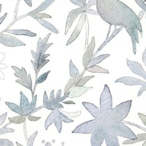 Forest Garden Watercolor Fabric and Wallpaper (xl scale) | Forest birds, blue-gray floral fabric, bird print fabric from original watercolor painting in calm, neutral grays.