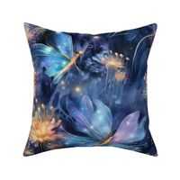 Magical Fantasy Blue Shimmering Fireflies and Dragonflies with Flowers