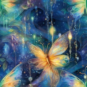 Magical Fantasy Golden Multicolor Shimmering Fireflies and Dragonflies with Fairy Lights