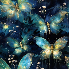 Magical Fantasy Glowing Green Butterflies, Fireflies, and Dragonflies with Flowers