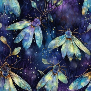 Magical Fantasy Purple and Green Shimmering Fireflies and Dragonflies with Fairy Lights