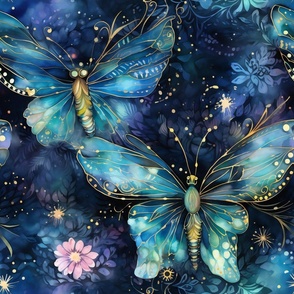 Magical Fantasy Blue Butterflies, Fireflies, and Dragonflies with Fairy Lights and Flowers