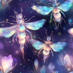 Magical Fantasy Pink and Blue Shimmering Fireflies and Dragonflies with Fairy Lights and Flowers