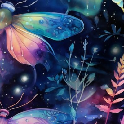 Magical Fantasy Rainbow Shining Fireflies and Dragonflies with Florals