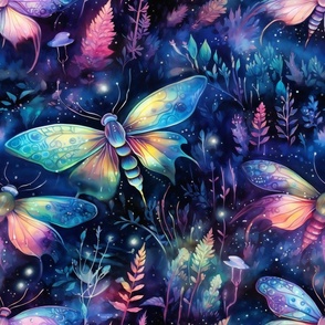 Magical Fantasy Rainbow Shining Fireflies and Dragonflies with Florals
