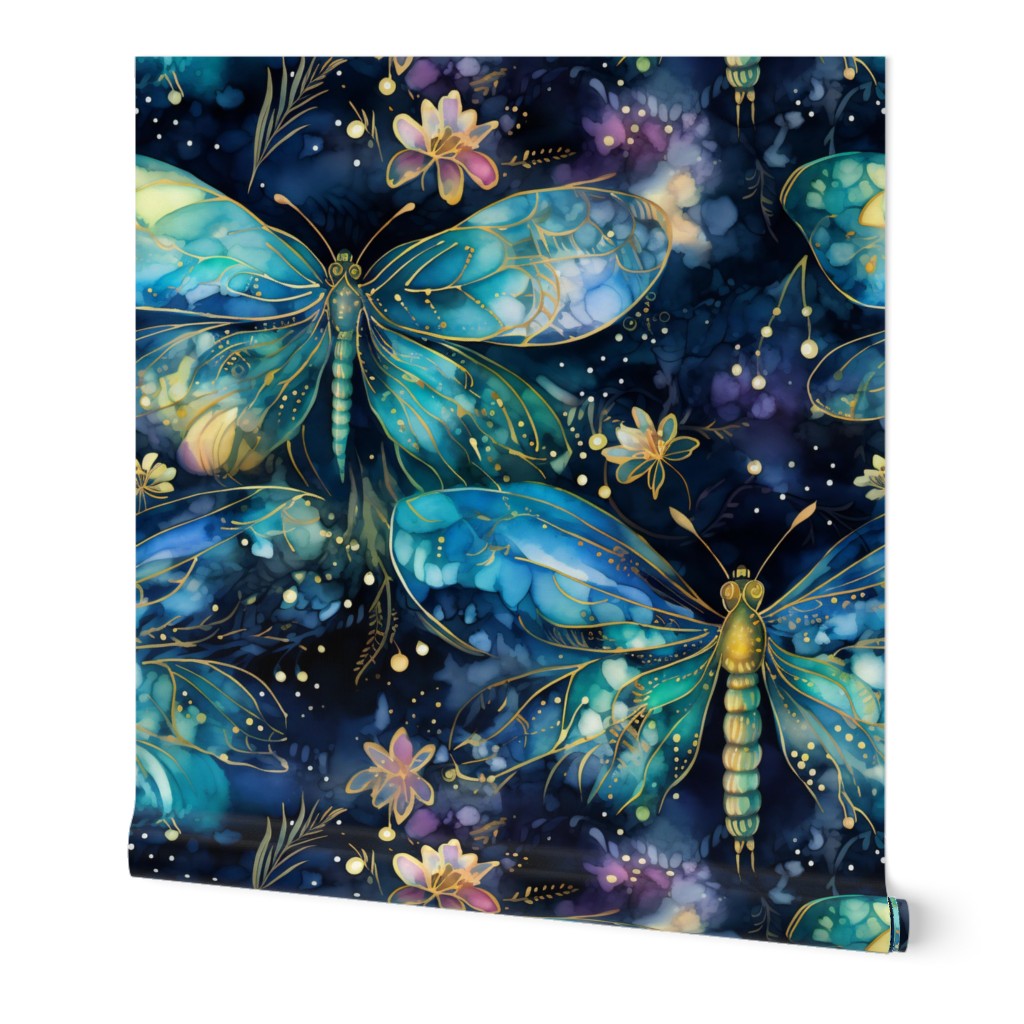 Magical Fantasy Blue and Green Glowing Fireflies and Dragonflies with Fairy Lights and Flowers