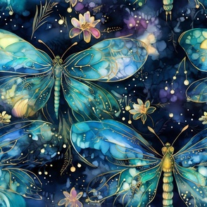 Magical Fantasy Blue and Green Glowing Fireflies and Dragonflies with Fairy Lights and Flowers