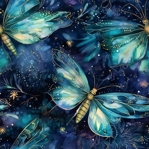 Magical Fantasy Green Glowing Fireflies and Dragonflies with Fairy Lights