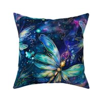 Magical Fantasy Blue and Green Glowing Fireflies and Dragonflies with Fairy Lights