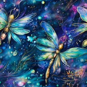 Magical Fantasy Blue and Green Glowing Fireflies and Dragonflies with Fairy Lights