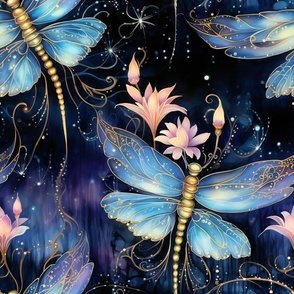 Magical Fantasy Blue Glowing Fireflies and Dragonflies with Flowers