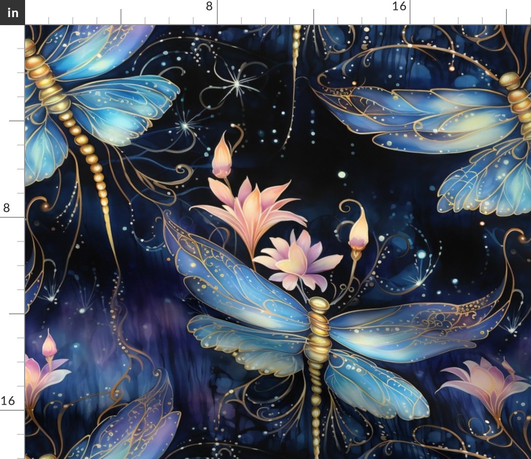 Magical Fantasy Blue Glowing Fireflies and Dragonflies with Flowers