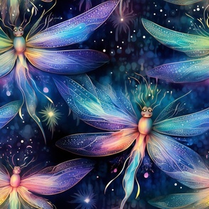 Magical Fantasy Rainbow Glowing Fireflies and Dragonflies